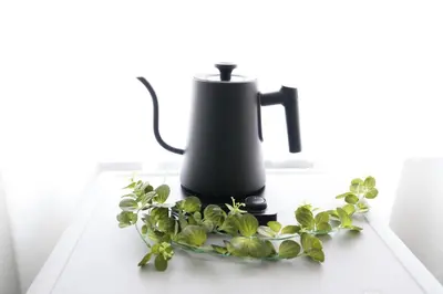 a black appliance sitting on a table with a plant at Shirokanedai guest suite in Tokyo