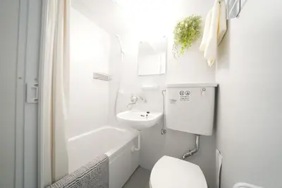 a white bathroom with a toilet and a sink at Shirokanedai guest suite in Tokyo