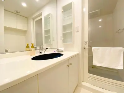 a white bathroom with a sink and a shower at Pangoo Shinagawa Room 203 - Vacation STAY 03802v in Tokyo