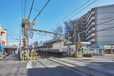 an empty street with train tracks in a city at \u30ec\u30b8\u30c7\u30a3\u30a2\u4e2d\u843d\u5408a in Tokyo