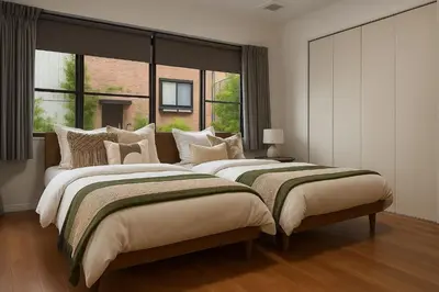 a bedroom with two beds and a large window at \u7af9\u5185\u30d3\u30eb in Tokyo