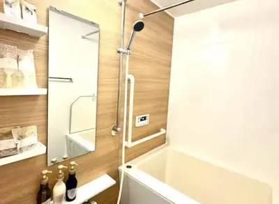 a bathroom with a tub and a sink and a mirror at Ginza301 Tsukiji 3 mins,Tsukiji Market in Tokyo