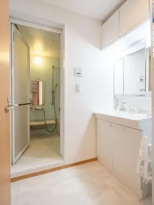 a bathroom with a shower and a sink at Familia Omorikaigan in Tokyo