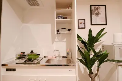 a white kitchen with a sink and a plant at Cozy Japanese Room Near Skytree with Easy Airport Access in Tokyo