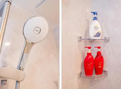 two pictures of a blow dryer and two bottles of detergent at Mori hotel AKIHABARA 2 in Tokyo