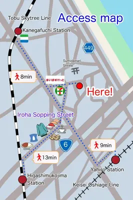 a map of the access map of a street at Cozy Vintage Studio Asakusa Skytree Ueno Akihabara in Tokyo