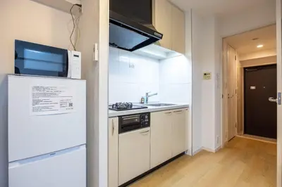 a small kitchen with a refrigerator and a sink at \u30eb\u30af\u30ec\u521d\u53f0 in Tokyo
