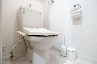a white toilet in a bathroom with a cleaning brush at \u30eb\u30af\u30ec\u521d\u53f0 in Tokyo