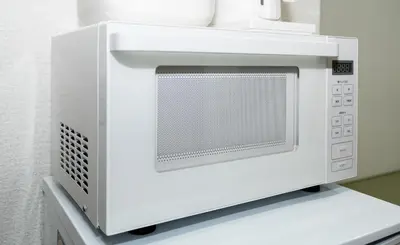 a microwave oven sitting on top of a shelf at OHAYO AN asakusa in Tokyo