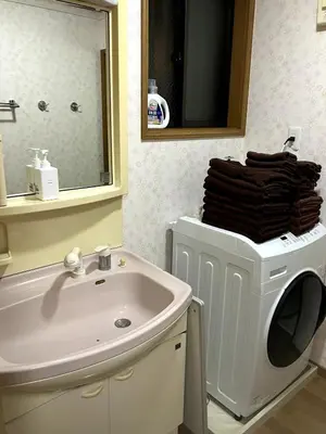 a bathroom with a sink and a washing machine at NKm\u6625\u6c5f\u753a3\u4e01\u76ee in Tokyo