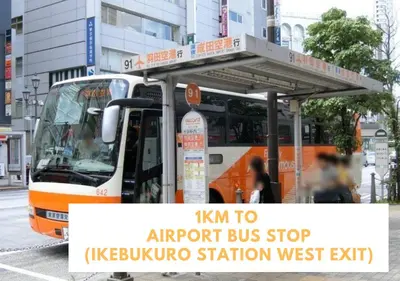 an orange bus stopped at a bus stop at COMMA HOUSE Kitaikebukuro 302 in Tokyo