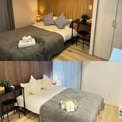 two pictures of a hotel room with two beds at Ikebukuro Area 2 Units NishiikeApartment in Tokyo