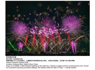 a firework display with purple and pink fireworks at YXD201 Direct Skytree convenience facilities in Tokyo