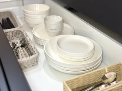 a drawer filled with white plates and bowls and utensils at Katsushika House\u67f4\u53c8 KS0340 in Tokyo