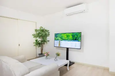a living room with a white couch and a flat screen tv at \u99c5\u304b\u3089\u5f92\u6b691\u5206 \u5de3\u9d28\u99c5 \u6700\u59274\u540d \u7121\u6599wifi 45\u5e73\u7c73\u3067\u5e83\u3044\u304a\u90e8\u5c4b in Tokyo