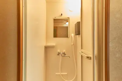 a bathroom door with a shower and a mirror at ACOE Higashi-Shinjuku Gourmet Area in Tokyo
