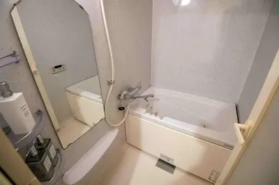 a bathroom with a tub and a sink and a mirror at FIKA Higashi Shinjuku in Tokyo