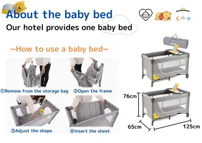 a set of three different views of a baby bed with different types of furniture at Premier suite Shinjuku okubo Tokyo 1F 2F in Tokyo