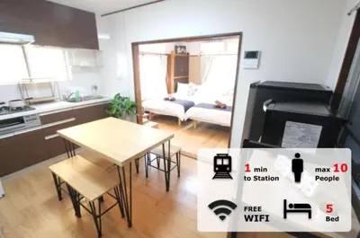 a kitchen and a dining room with a table and a stove at Hotel LUANA in Shin-Nakano in Tokyo