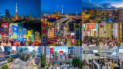 a collage of photos of a city at night at 3-person mansion in Shinjuku Kabukicho train 8 mins in Tokyo