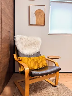 a chair with a furry cushion on top of it at Home Stroy in Tokyo - Luxury Villa Minowa&Ueno-三ノ輪一戸建て&東京屋語 in Tokyo