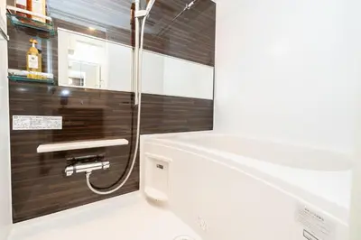 a bathroom with a shower and a white sink at KINSHICHO Tokyo Holiday Hotel in Tokyo