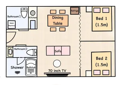 a floor plan of a house at \u90fd\u5fc3\u7f55\u89c1 \u79cb\u53f6\u539f\u4e1c\u4eac\u7ad9KCoa \u8d85\u7ea7\u5962\u534e\u53cc\u5367\u5957\u623f\u5e26\u53a8\u623f \u5730\u94c13\u5206\u949f \u6234\u68eePOLA\u9876\u7ea7\u914d\u7f6e \u79cb\u53f6\u539f\u6b65\u884c\u53ef\u8fbe \u4e1c\u4eac\u7ad94\u5206\u949f in Tokyo
