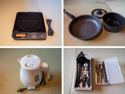 a collage of four pictures with a kitchen utensils at LiveGRACE Hotel Asakusa \u6d45\u8349\u9685\u7530\u5ddd in Tokyo