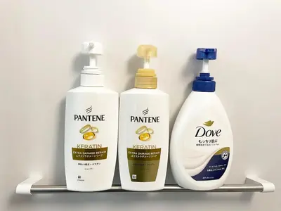 three bottles of cleaning products sitting on a shelf at Japan House Ikebukuro Honcho in Tokyo