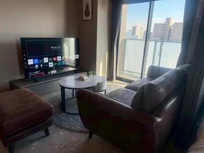 a living room with a couch and a table and a tv at ROLES Ryusen 1001 in Tokyo