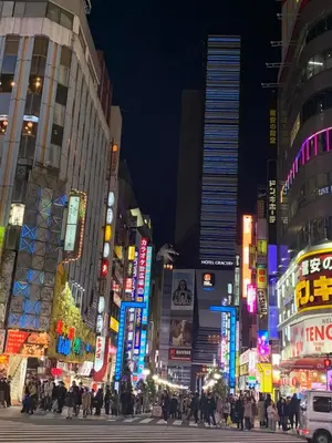 a crowd of people crossing a busy city street at night at xinsuyuyuan in Tokyo