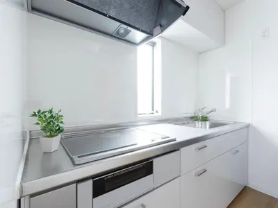a white kitchen with a sink and a window at Horikiri House, 3-story home, 15 guests, Free parking, 103sqm in Tokyo