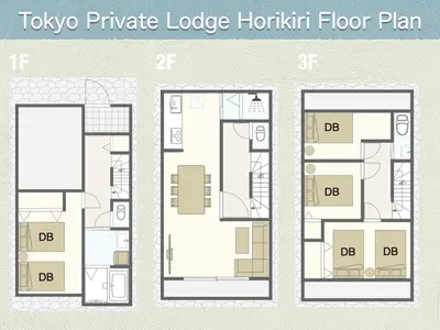 two different floor plans of a house at Horikiri House, 3-story home, 15 guests, Free parking, 103sqm in Tokyo