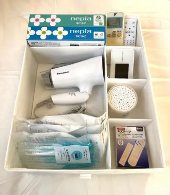 a drawer filled with medical items in a box at #5 WiFi無料&東新宿4分!歌舞伎町のホテルライク清潔部屋! in Tokyo