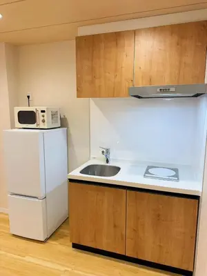 a kitchen with a sink and a white refrigerator at M house asakusa kaminarimon tokyo in Tokyo