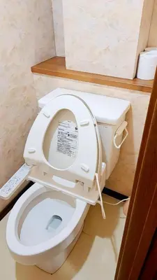 a white toilet with its seat up in a bathroom at \u70df\u96e8\u8f69201 in Tokyo