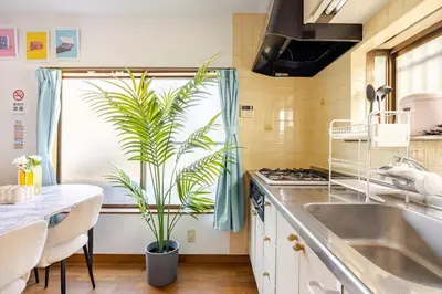 a kitchen with a plant in a pot next to a sink at Ohanachaya 3 Chome in Tokyo