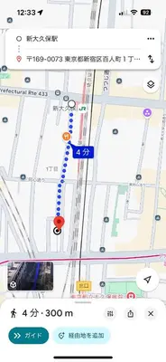 a screenshot of a google map of a street at Miaoyi Okubo in Tokyo