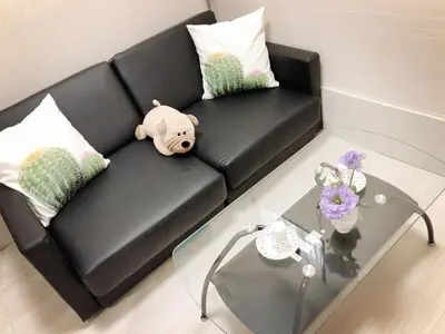 a black couch with pillows and a teddy bear on it at \u677f\u6a4b\u99c5\u304b\u3089\u5f92\u6b692\u5206 3\u968e\u5efa\u3066\u548c\u5ba4\u3068\u30ed\u30d5\u30c8\u5b8c\u5099-\u7af9\u904a\u6797 in Tokyo