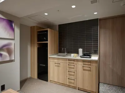 a kitchen with wooden cabinets and a counter top at Premium Apart MONday GINZA EAST in Tokyo