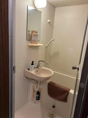 a small bathroom with a sink and a shower at \u5409\u5c4b-\u65b0\u5bbf in Tokyo