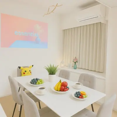 a white dining room with a white table with fruit on it at OPEN#\uc2e0\uc8fc\ucfe05\ubd84#\uc2dc\ubd80\uc57c10\ubd84#\ud3b8\uc758\uc8102\ubd84#\ucd5c\ub3009\uba85#\uace0\uae09\ud648#\uce68\uc2e43#\uc6b0\uc544\ud55c\uc9d1#114m2#\uce68\ub3005 in Tokyo