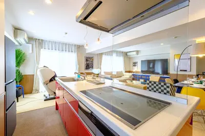 a kitchen with a large island in a room at Penthouse Apartment with Skytree View - 94sqm Luxury Suite - Miilo ASAKUSA EAST in Tokyo