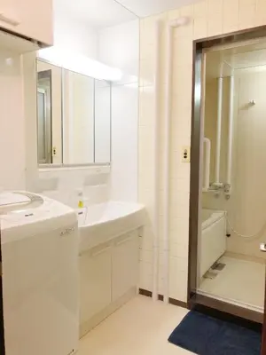 a white bathroom with a sink and a mirror at \u65b0\u5bbf \u65b0\u5927\u4e45\u4fdd\u99c5108 \u5e73\u7c73\u65e5\u672c\u5ead\u5712\u306e\u5bbf in Tokyo