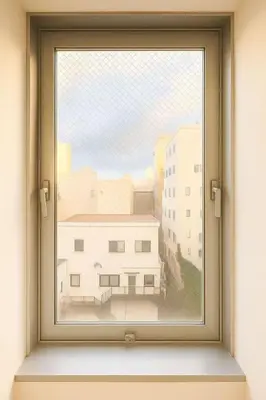 a window with a painting of a building at \u9752\u9ea6\u5bbf\u6cca \u65e9\u7a3b\u7530\u5e97 in Tokyo