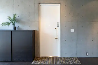 a white door in a room with a potted plant at Grass BLDG 301 in Tokyo
