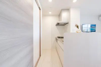 a kitchen with white walls and a white refrigerator at House hotel EKODA 301 HE31 in Tokyo