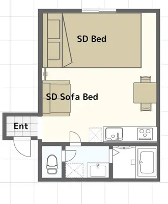 a floor plan of a small apartment with a sdi sofa bed at \u6d45\u8349\u6a4b202 in Tokyo
