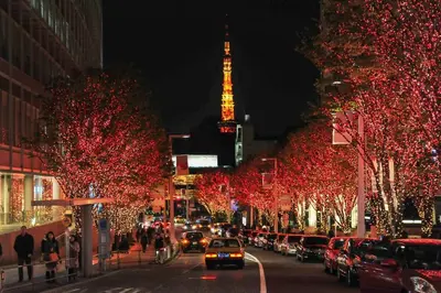 a street with christmas lights on trees in a city at Y's INN 北砂 101T in Tokyo