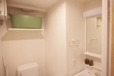 a white bathroom with a toilet and a mirror at Mi-HOTEL KOMAGOME in Tokyo